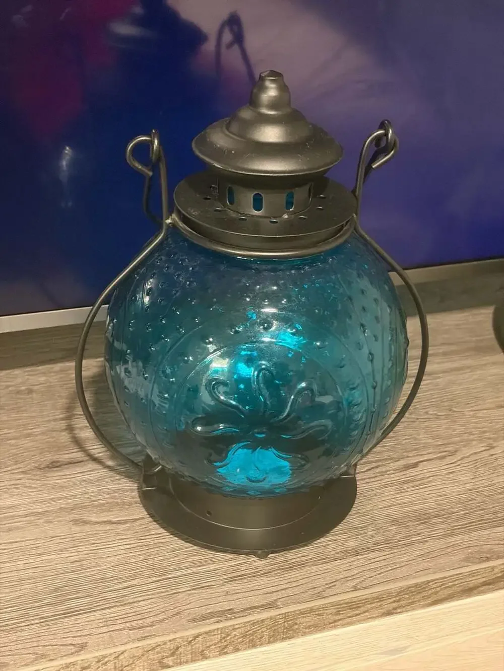 Vintage Style Teal Blue Embossed Round Glass Hanging Candle Lantern
